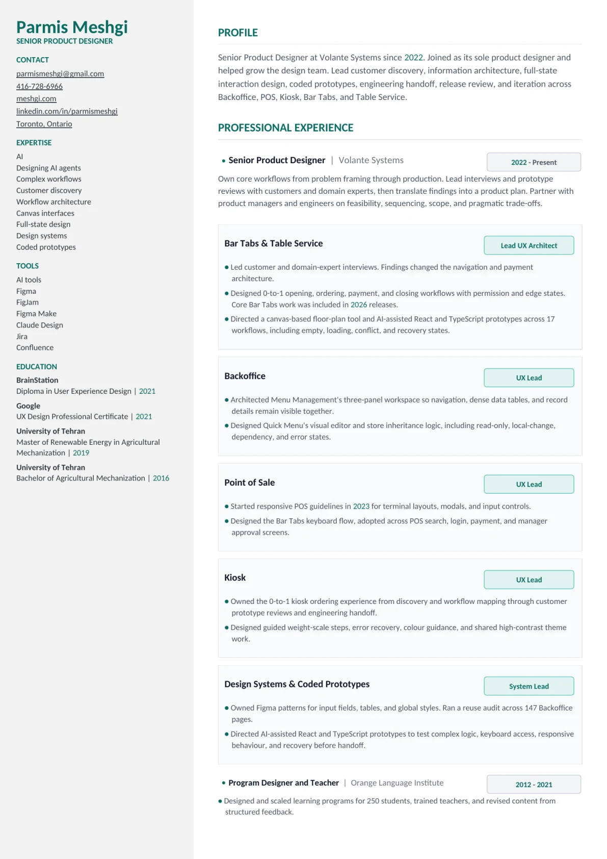 One-page resume for Parmis Meshgi, Senior Product Designer