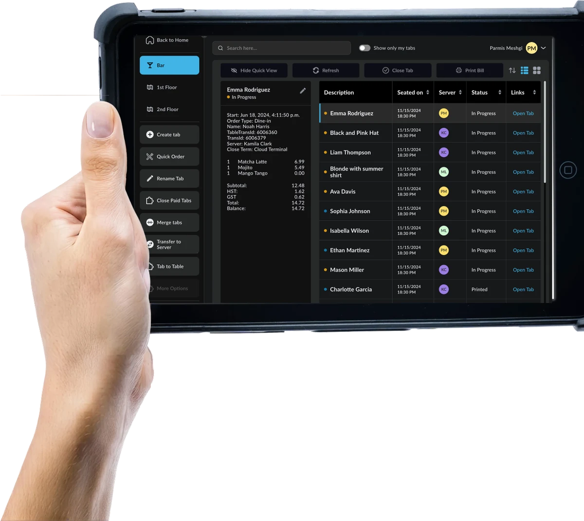 Bar Tabs service interface on a handheld point-of-sale terminal