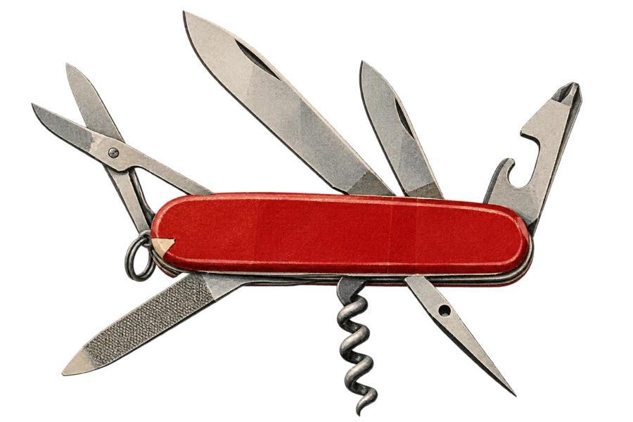 A red collage pocket tool with many tools open