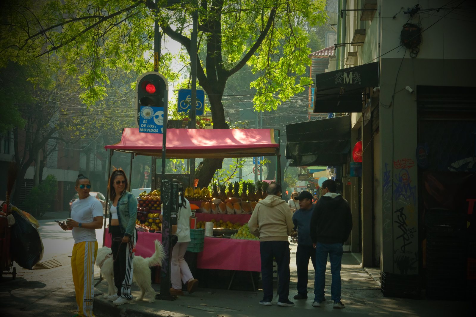 A red street fruit stand beneath green trees
