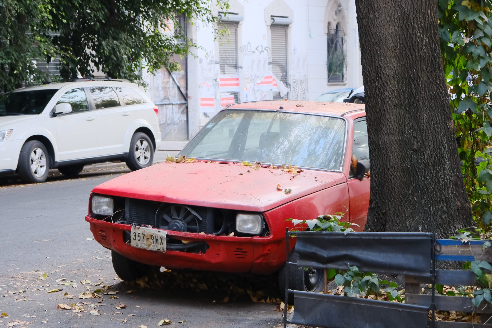 A weathered red car parked beside a large tree
