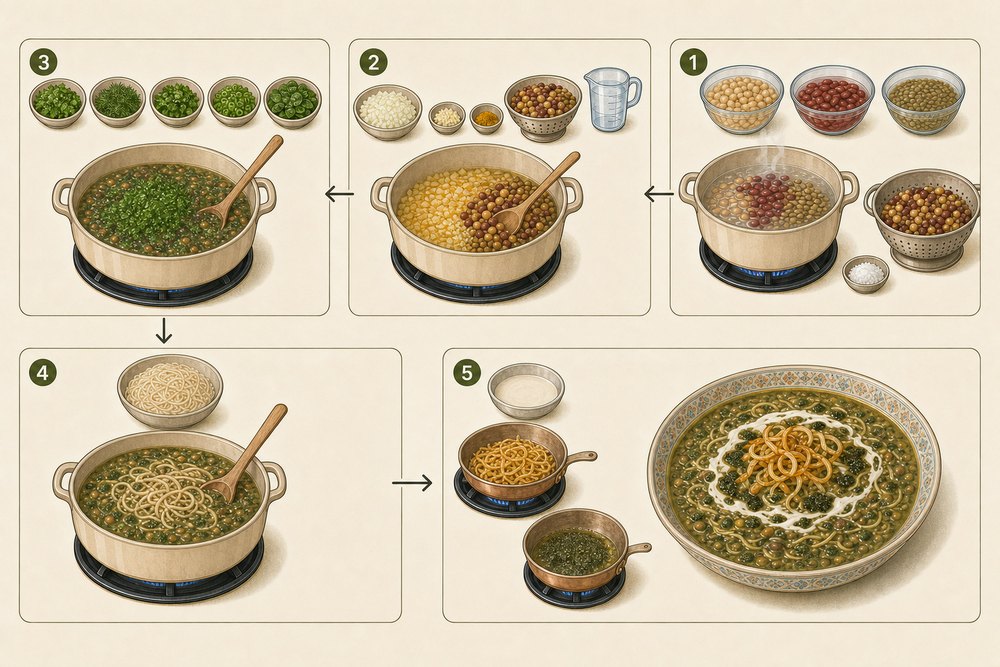 Illustrated steps for ash reshteh