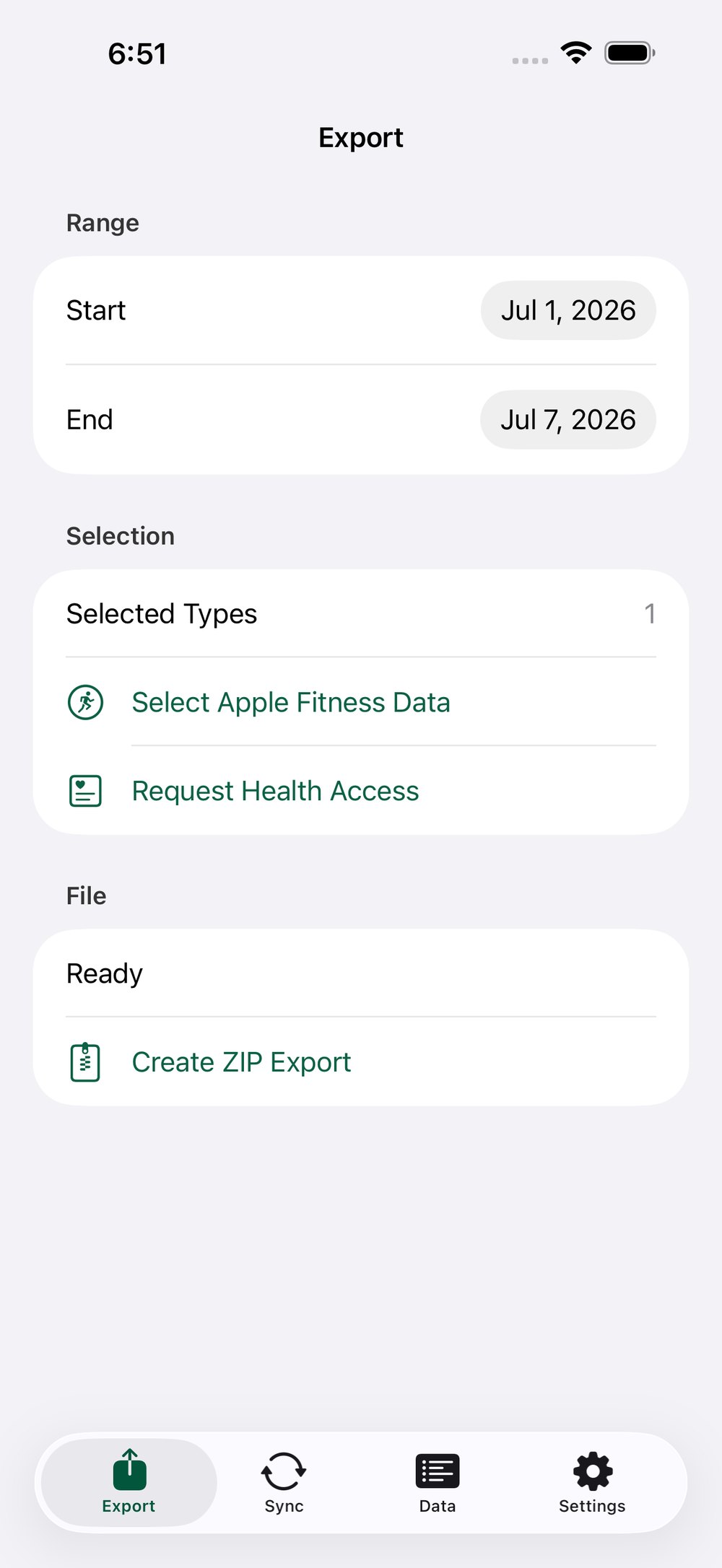 Health Exporter data selection and export screen
