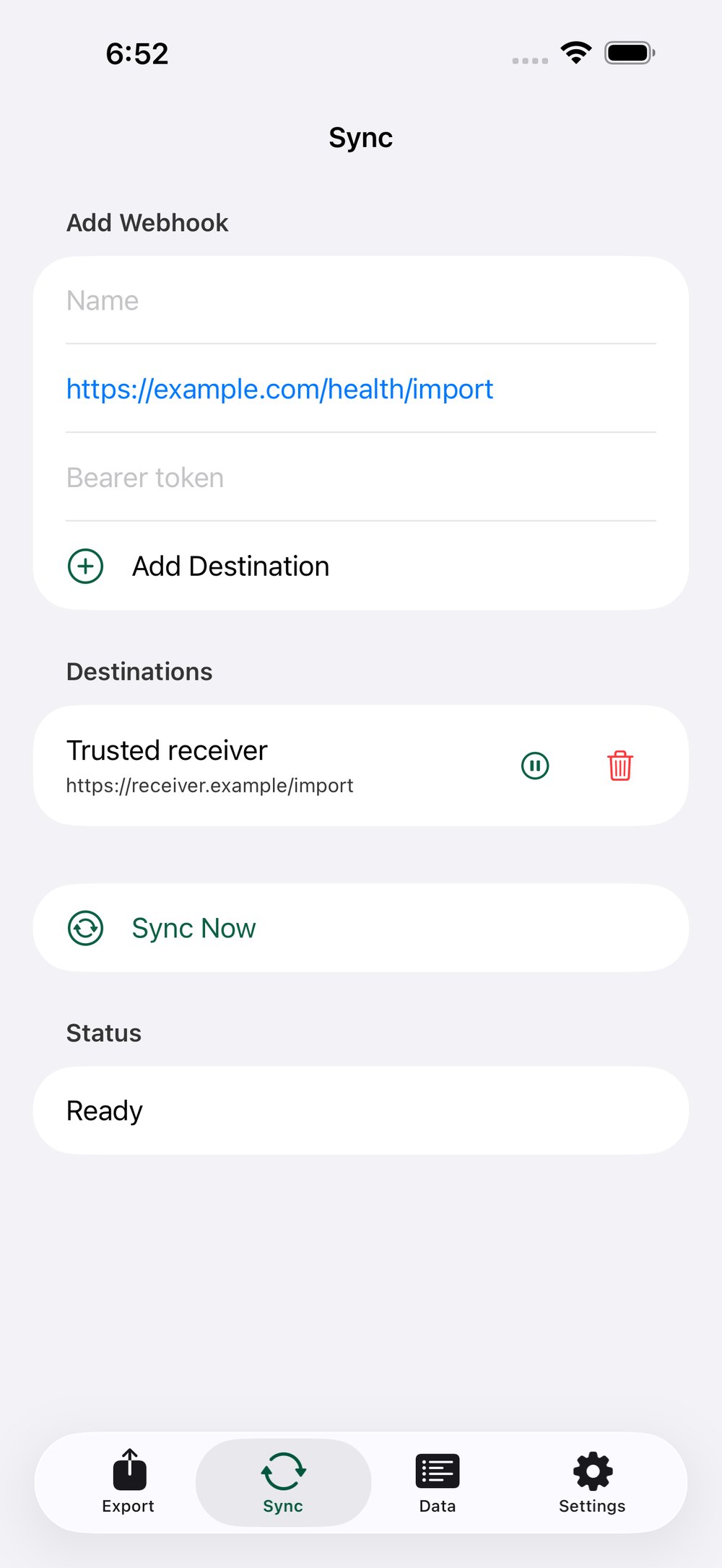 Health Exporter personal webhook settings