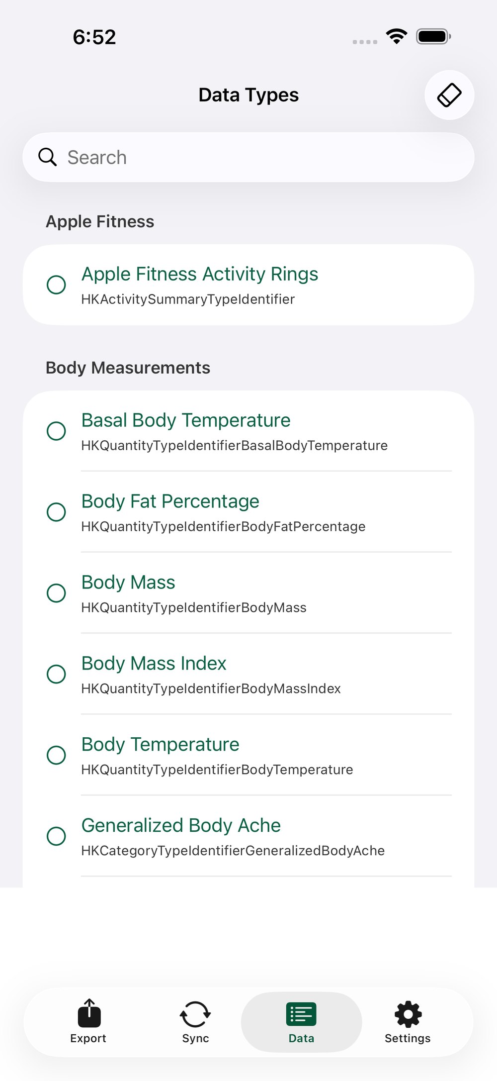 Health Exporter data type selection