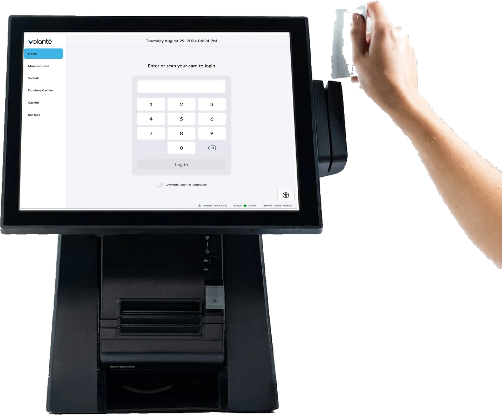 Volanté login interface displayed on a point-of-sale terminal while a card is scanned
